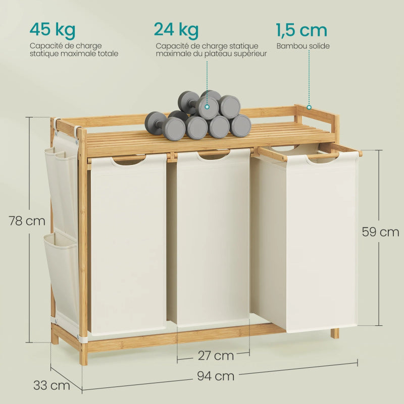 tailles et dimensions Panier à linge 3 compartiments couleur crème