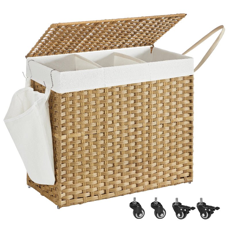 Panier à linge avec roulettes à 3 compartiments boisée