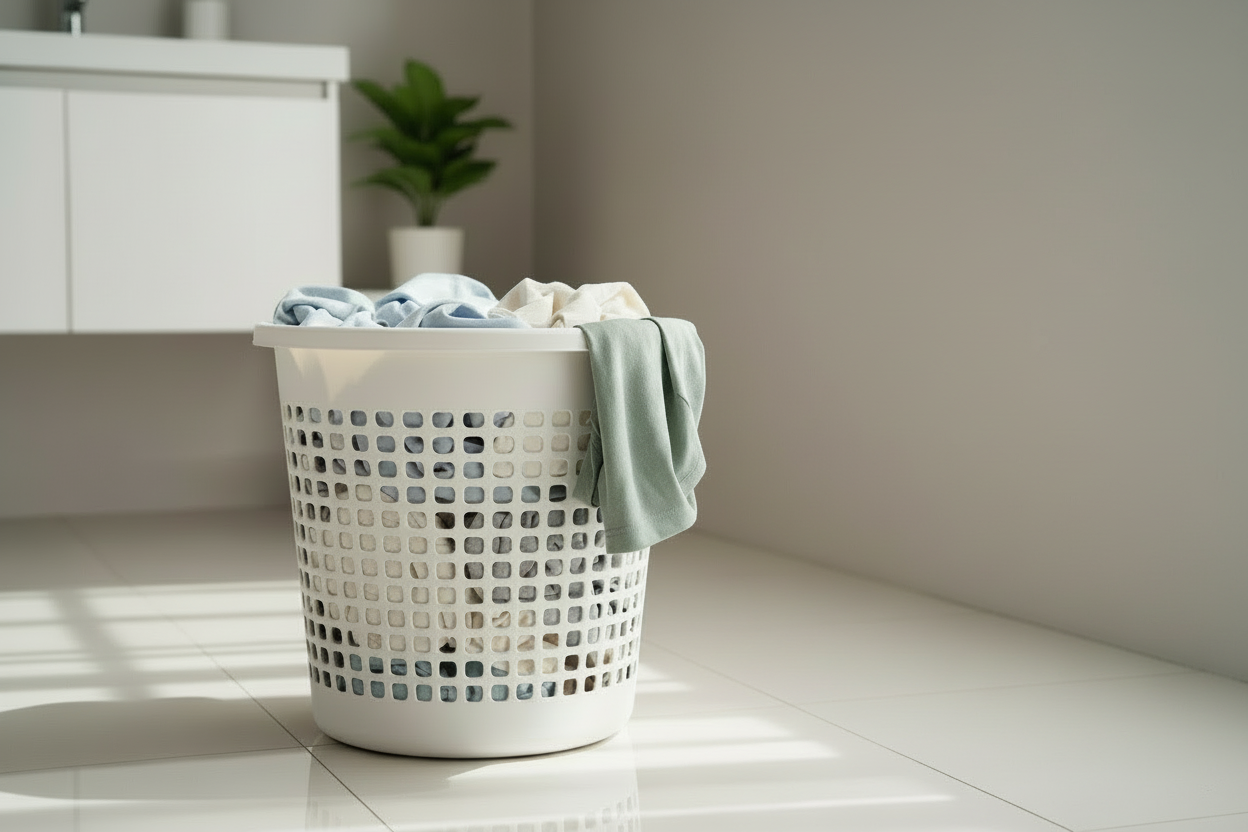 Panier à linge en plastique à coter d'une machine à laver avec du linge dedans 