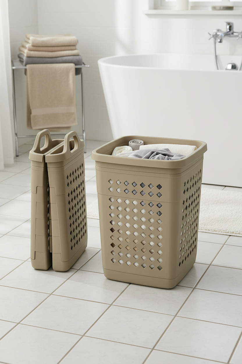 Panier à linge pliable rangé dans un coin de la salle de bain