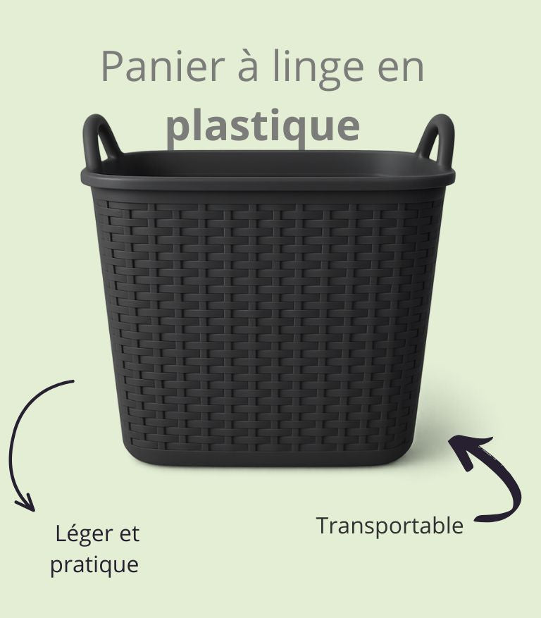 Panier à linge en plastique à coter d'une machine à laver avec du linge dedans 