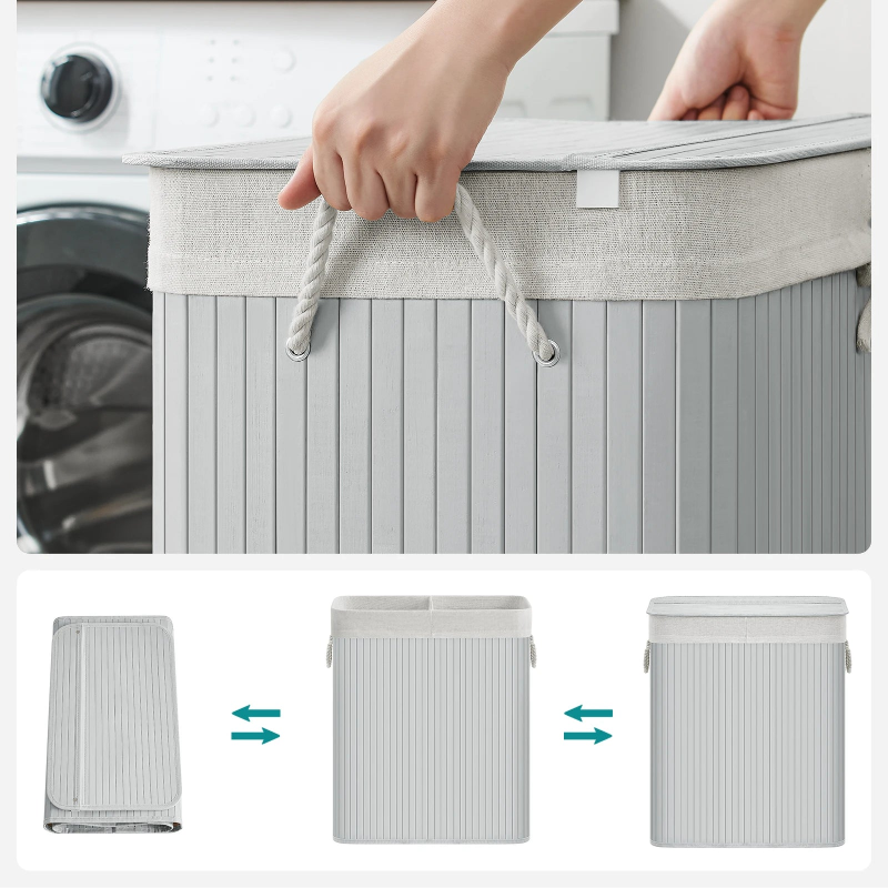 Panier a linge double gris qui montre qu'on peut le plier 