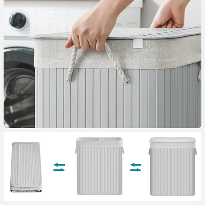 Panier a linge double gris qui montre qu'on peut le plier 