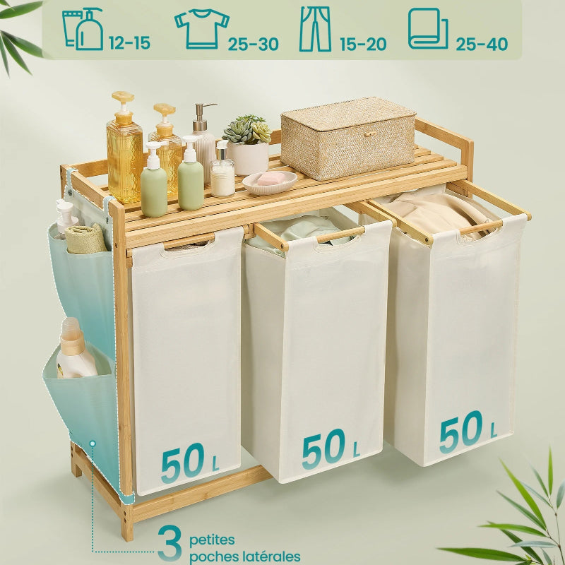  détaille et taille Panier à linge 3 compartiments blanc crème
