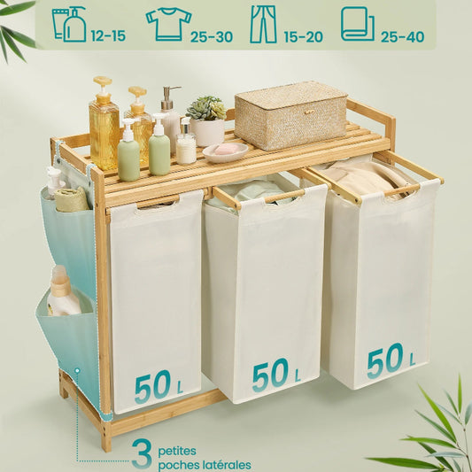  détaille et taille Panier à linge 3 compartiments blanc crème