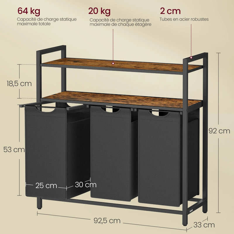  taille et dimensions Panier à linge 3 compartiments double-étagère 