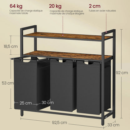  taille et dimensions Panier à linge 3 compartiments double-étagère 