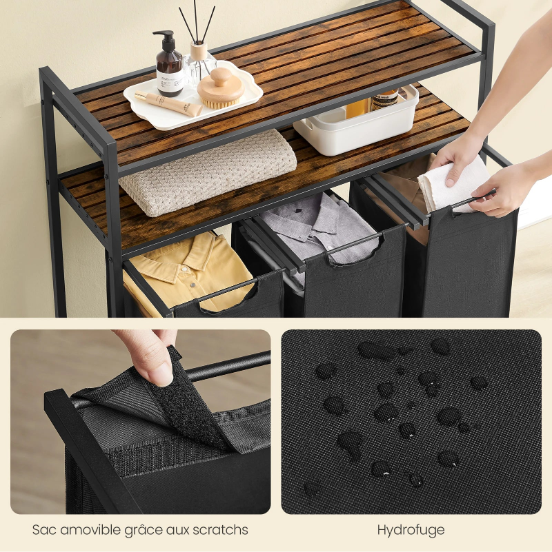  caractéristiques Panier à linge 3 compartiments double étagère noir 