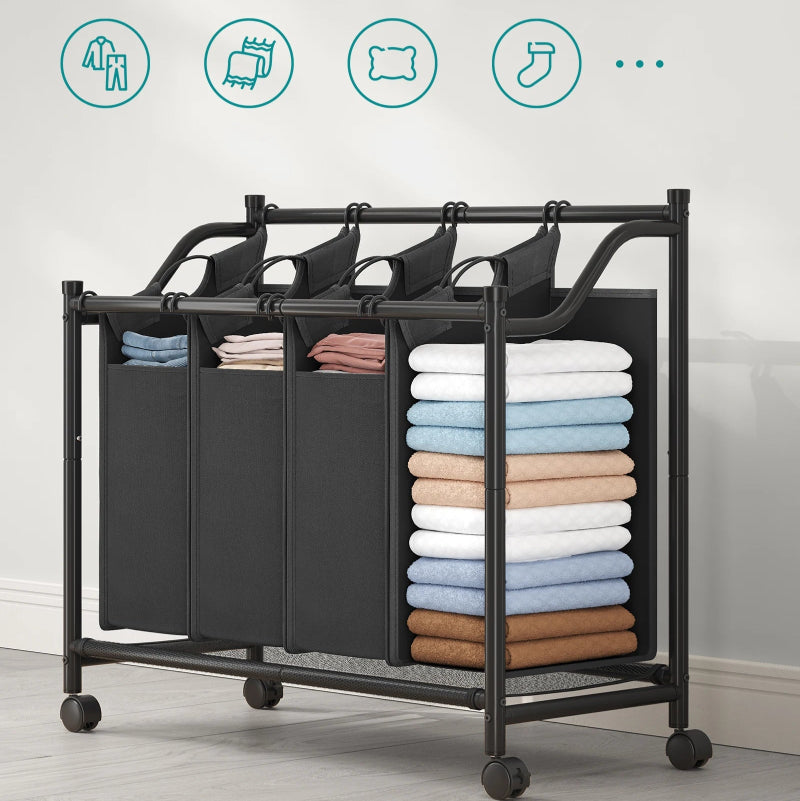 Panier à linge avec roulettes noir avec du linge dedans 