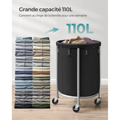 Panier à linge avec roulettes 110L remplie de vêtements 