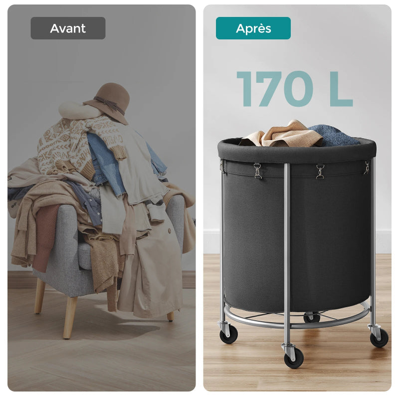 Panier à linge avec roulettes noir et argent  avec du linge dedans 