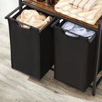 Panier à linge double avec étagère  avec vêtements dessus et dedans 