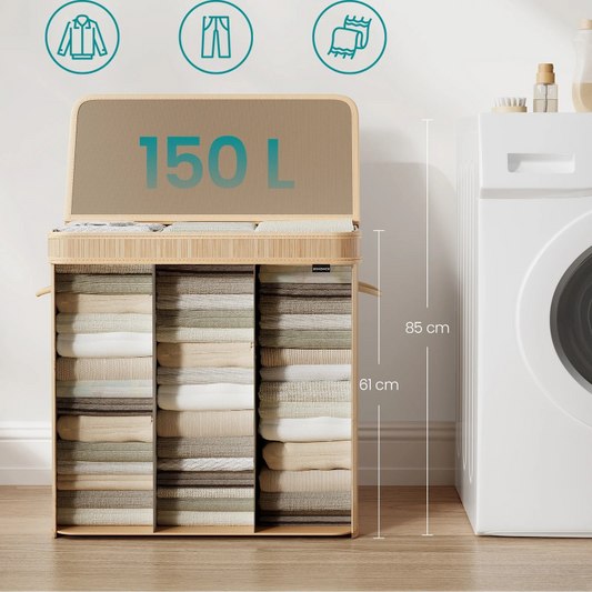 Panier à linge en bois 3 compartiments  a coté d'une machine à laver 