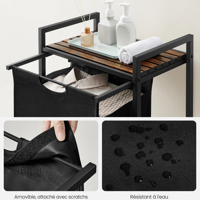 Panier à linge sale noir avec du linge dedans 