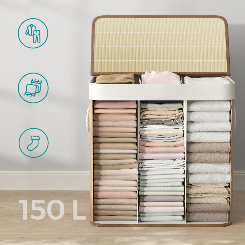 contenu  intérieur et volume  panier à linge 3 compartiments 150L