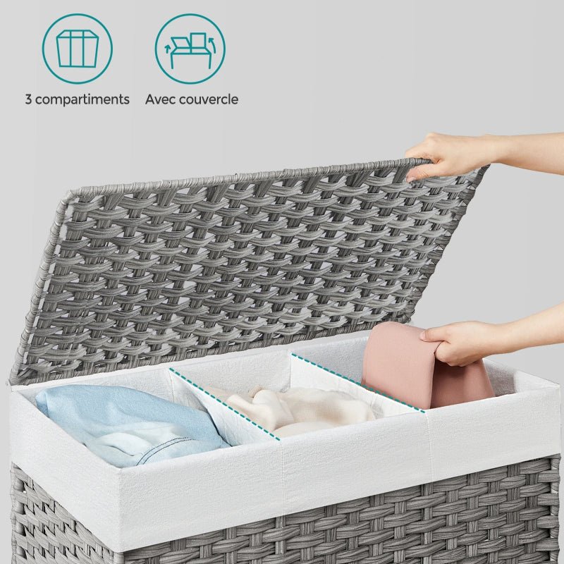 Panier à linge -avec-roulettes-à 3 compartiments gris