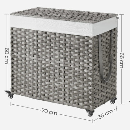 taille et dimensions détaillé  du panier à linge avec roulettes à 3 compartiment