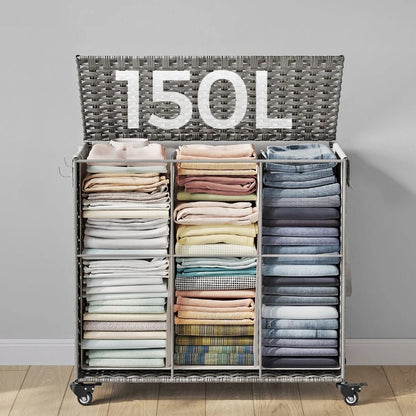 Panier à linge avec 3 roulettes à 3 compartiments