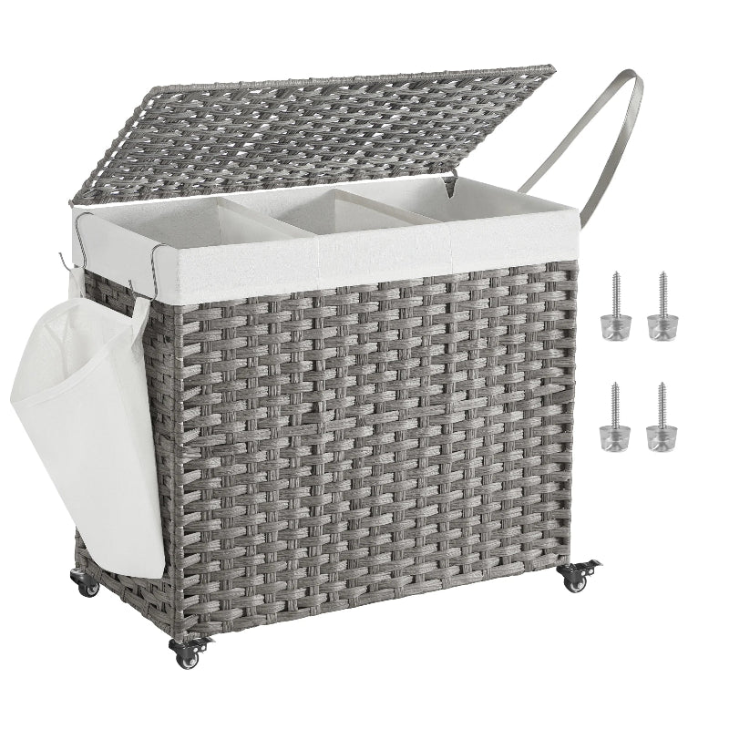 Panier à linge avec roulettes avec 3 compartiments gris