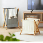  2panier à linge en bois pliable beige et gris