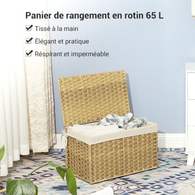 Panier à linge rectangle dans une chambre avec du linge dedans  