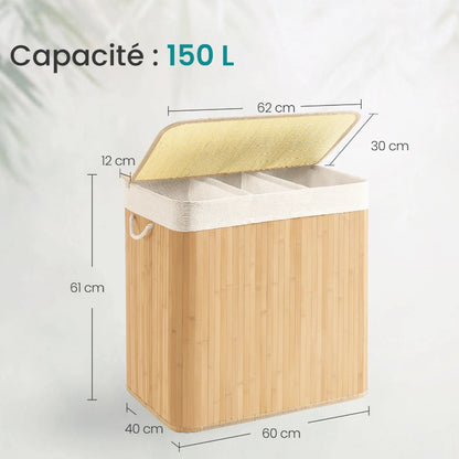 taille  et dimension panier à linge 3 compartiments 150L